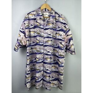 Guy Harvey AFTCO Bluewater Mens XL Blue Mahi Mahi Fish Print Cotton Button Shirt